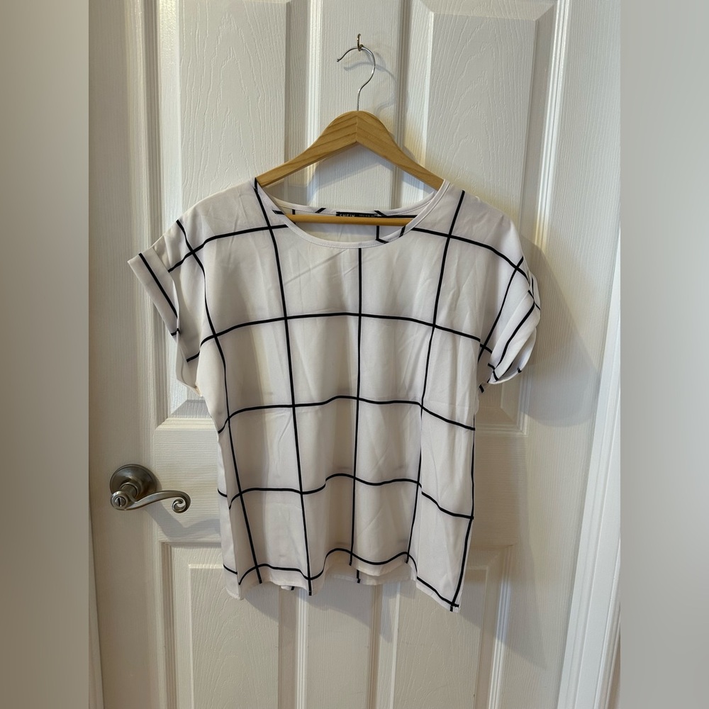 SHEIN White Blouse with Black Windowpane Grid